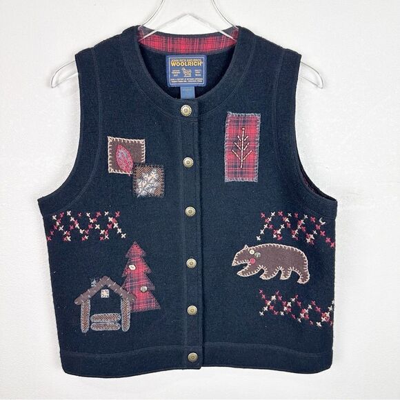 Woolrich Black Vest Patch Fall Kitty Cat Cottage Core Knit Small - Picture 1 of 6